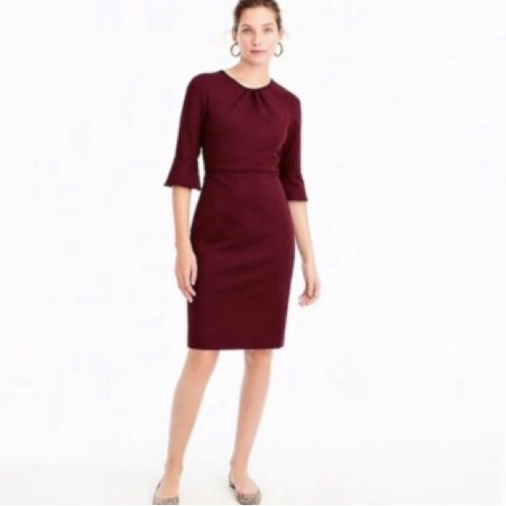 J.CREW Bell-Sleeve Sheath Dress in Stretch Ponte Cranberry Red Sz 4P Preppy